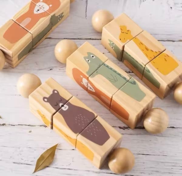 3D пазли та головоломка для найменших - зебра, жирафа, лось, бегемот, дерев'яні обертові пазли, обертові кубики